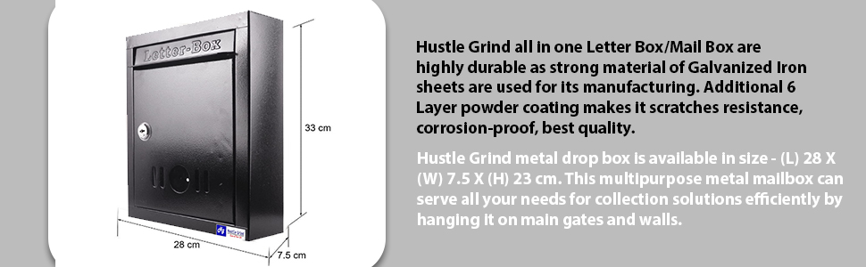 Hustle Grind Mail Box/Letter Box for Home and Office | Gate and Wall Mount with Key Lock Big Size (Black)