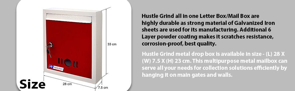 Hustle Grind Mail Box/Letter Box for Home and Office | Gate and Wall Mount with Key Lock Big Size (Red)