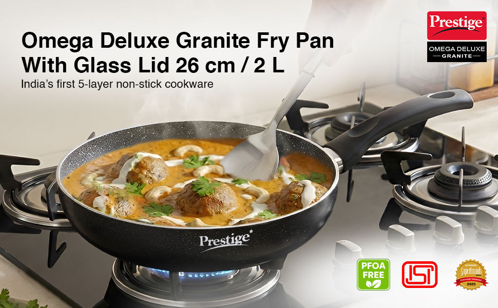 Prestige Non-Stick Omega Deluxe Granite Fry Pan with Lid | 26 Centimetre | Black | Induction Base | 5 Layer Non-Stick Cookware | Dishwasher Compatible