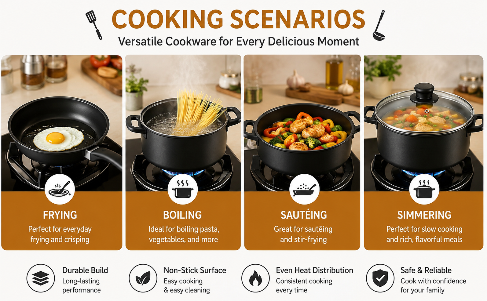 13pcs Non-Stick Iron Kitchen Cookware Set with Lids – Includes 1Pc Frying Pan, 2Pcs Casserole, 1Pc Sause Pan with 3 Lids & 6Pcs Ladle Set Induction Safe – Nylon Utensils – Beginner Cooking Set