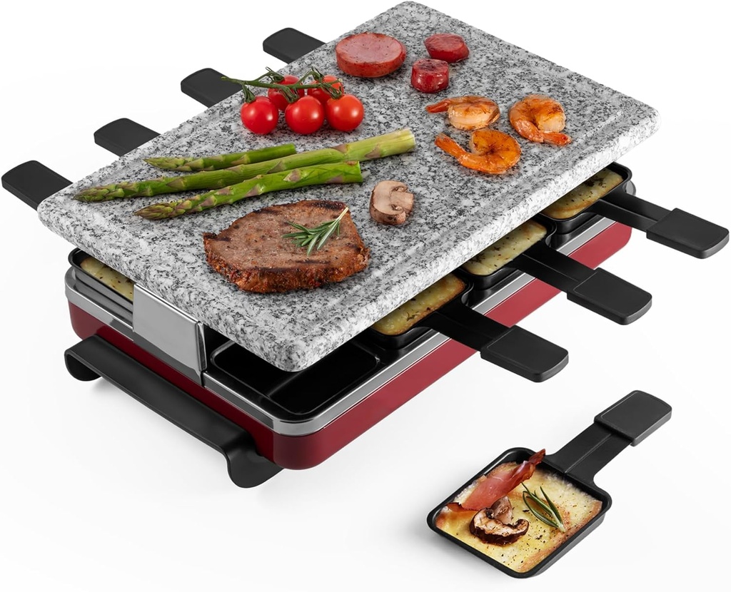 Swissmar Classic 8-Person Raclette Party Grill - Indoor Electric Grill & Griller with Granite Stone Grill Plate - Red
