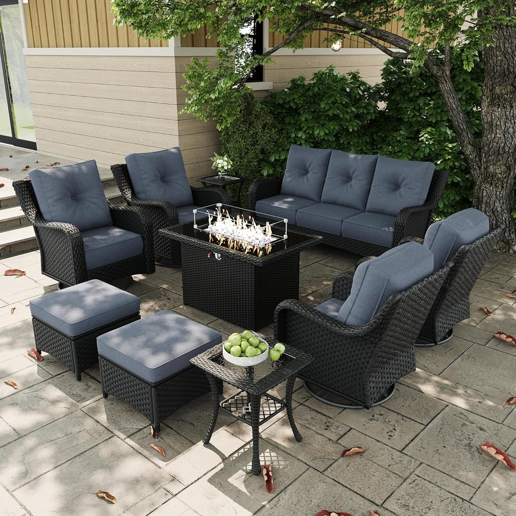 10 Pieces Outdoor Patio Furniture Sets with Rocking Swivel Chairs with 6-inch Thick Cushion and Fire Pit Table for Deck Lawn