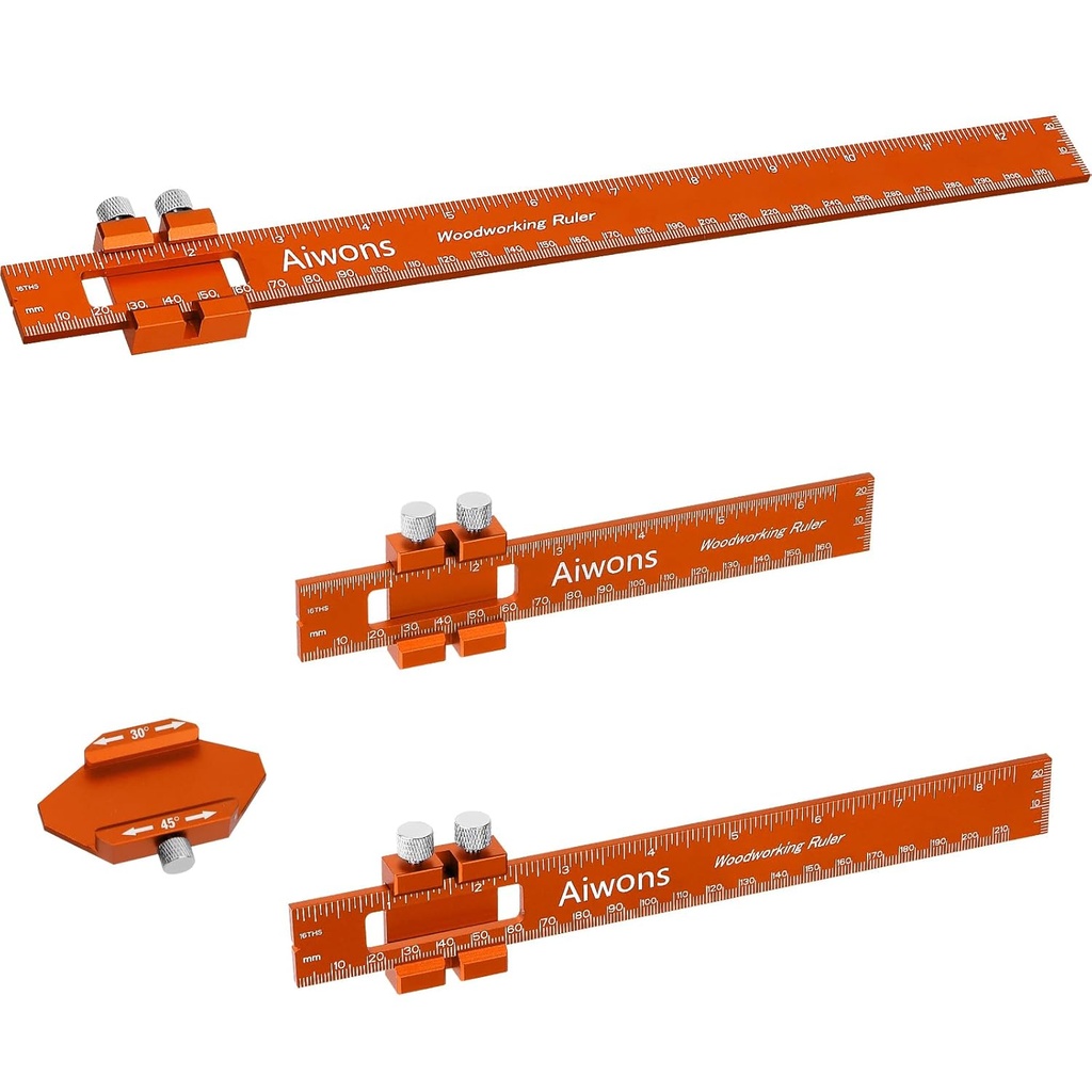 Woodworking Ruler Pocket Rule -12/8/6 Inch Precision Pocket Ruler with 45°& 30°Metal Slide Stop - Wood Marking Ruler Metric Inch Measuring Scribing Rulers - Aluminum Alloy Square Ruler