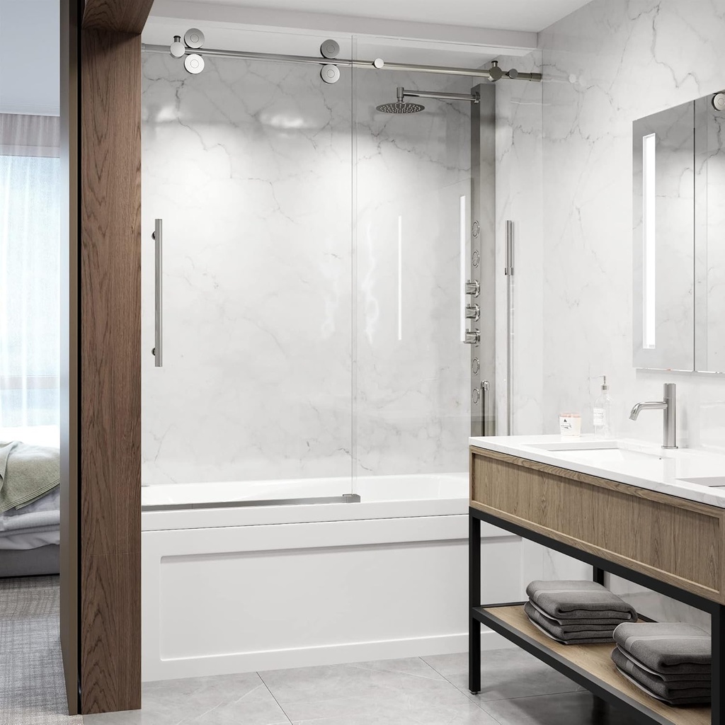 VIGO Elan 56 to 60 in. W x 66 in. H Sliding Frameless Tub Door in Stainless Steel with 3/8 in. ProtecGlass-VG6041STLM6066