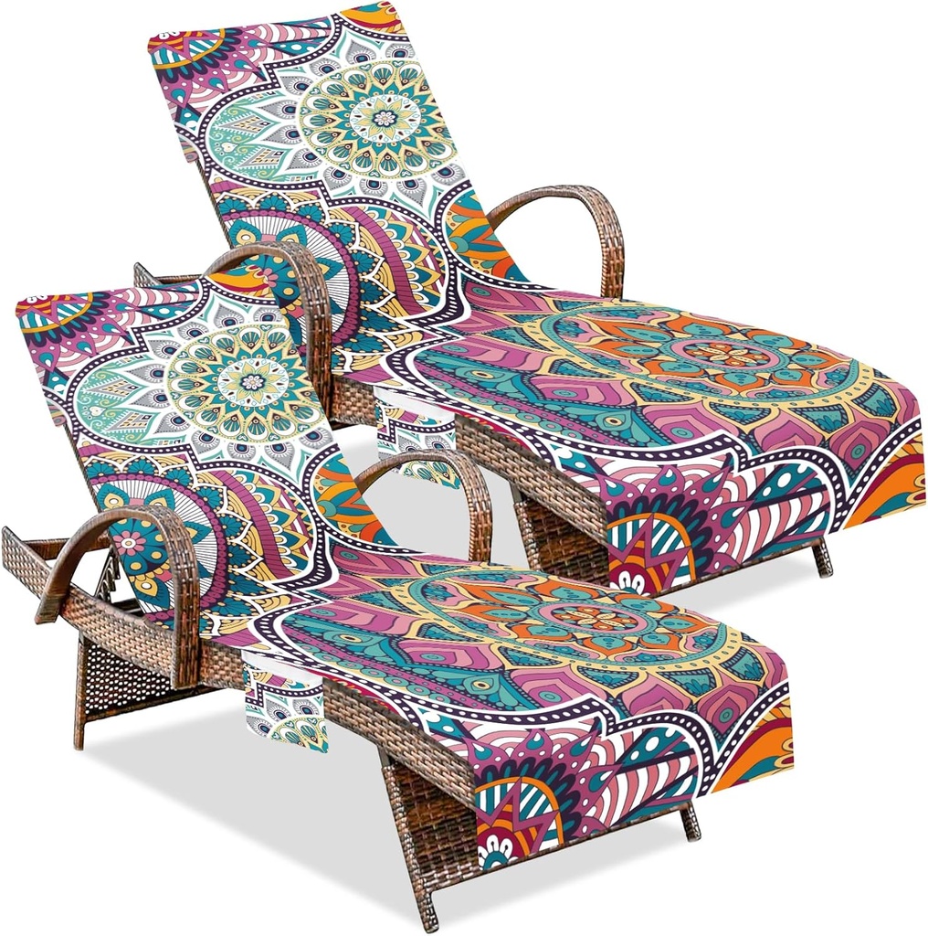 Lounge Chair Covers 2 Pcs, Bohemia Beach Chair Cover with Pockets, Courtyard Cover, Sun Lounger Covers for Outdoor Sunbathing Trips, 85 X30 In