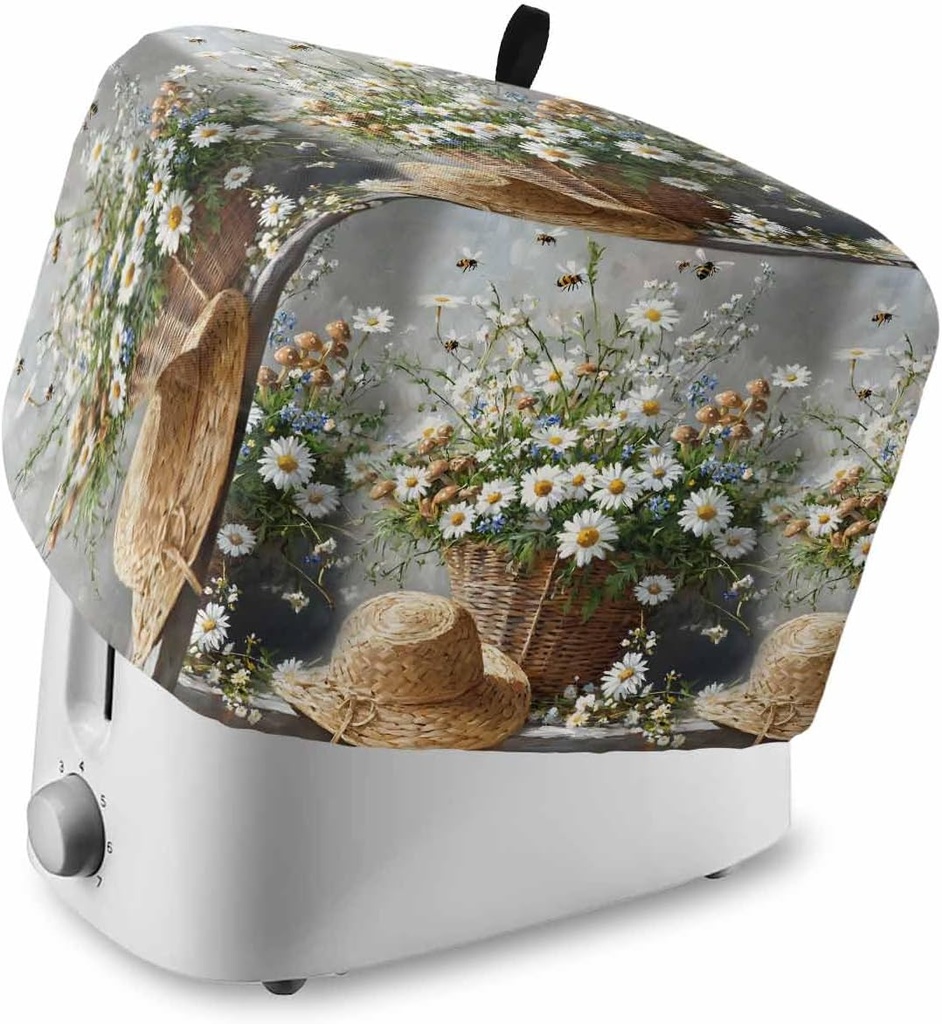 White Spring Floral Toaster Cover 2 Slice, Kitchen Appliance Covers with Pocket & Loop, Bee Pastoral Summer Botanical Watercolor Bread Machine Covers Dust & Fingerprint Protection
