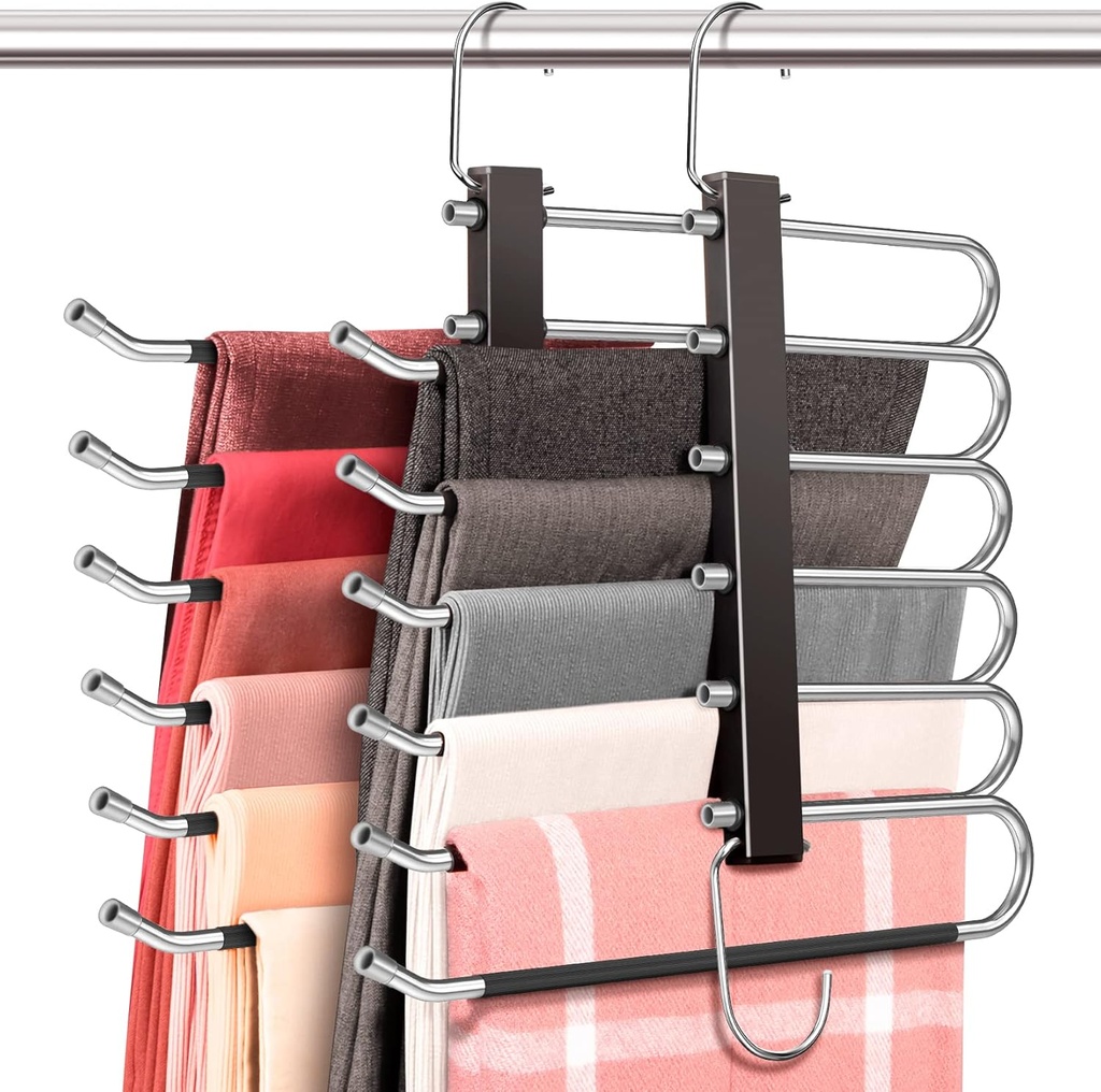Space Saving 6 Tier Pant Hangers, Anti-Slip, Stainless Steel, 2 Pack, Black