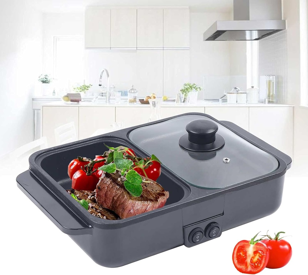 Electric Grill with Hot Pot, 2 in 1 Indoor Non-Stick Electric Hot Pot and Frying Pan,1200W 110V Portable Multifunctional Smokeless Korean BBQ Grill,Independent Temperature Control,for Home Party,Black