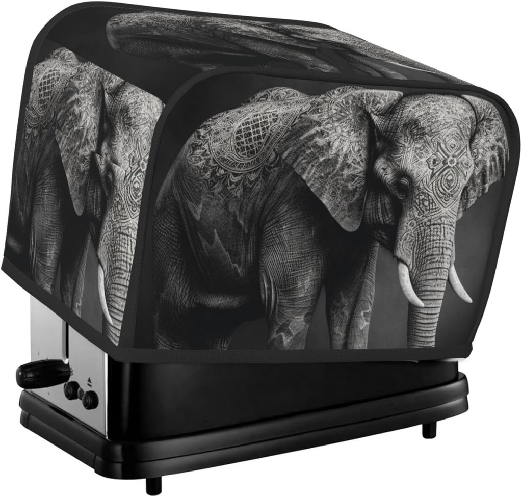 Black And White Elephant Image 2 Slice Toaster Covers Bread Machine Cover Quilted Dustproof Fingerprint Protectors Small Washable Appliance Cover Bread Maker Dust Protection Universal Size