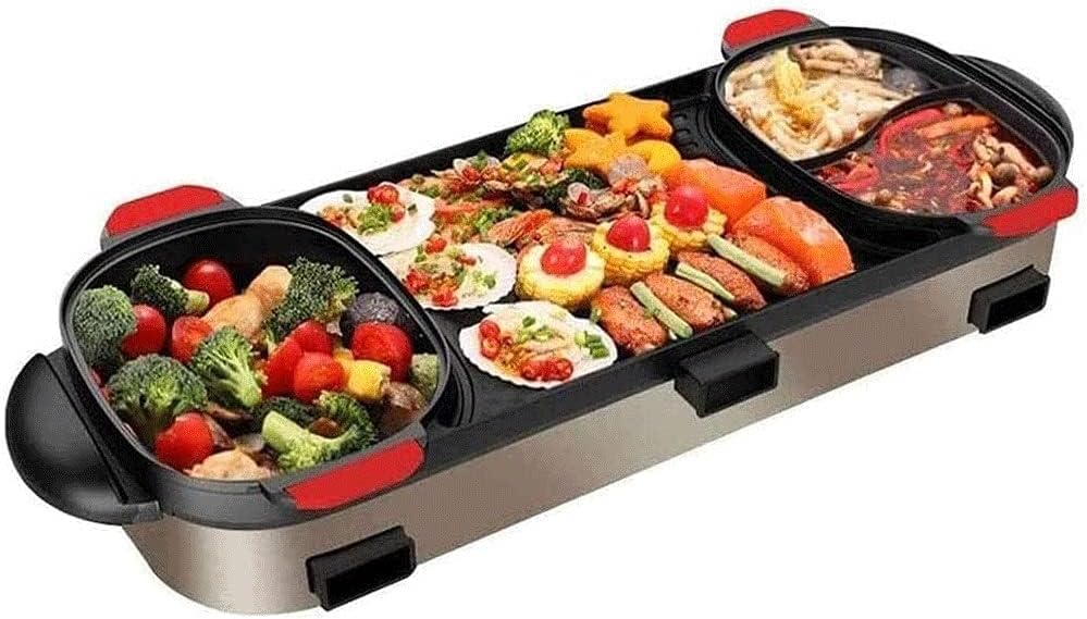 GeRRiT Portable Electric Grill and HotPot, Removable Teppanyaki Grill Shabu Pot with Divider Electric Barbecue Grill Chafing Dish, Large Capacity Multifunctional Non-Stick Pan