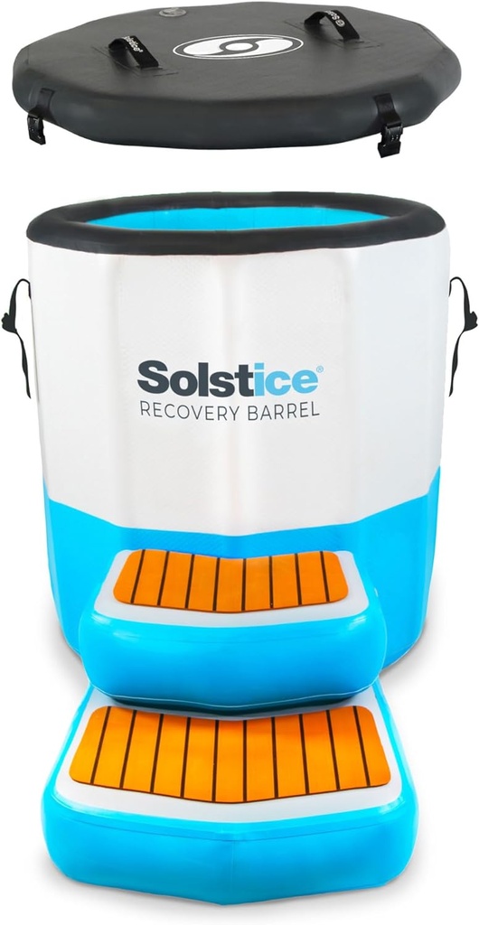 SOLSTICE Original Inflatable Cold Plunge Ice Bath Tub | Standing Recovery Barrel Pod W/Steps & Lid | Water Chillers & Ozone Filters Compatible Outdoor Indoor | Inlet Outlet for Accessories 100 Gallon