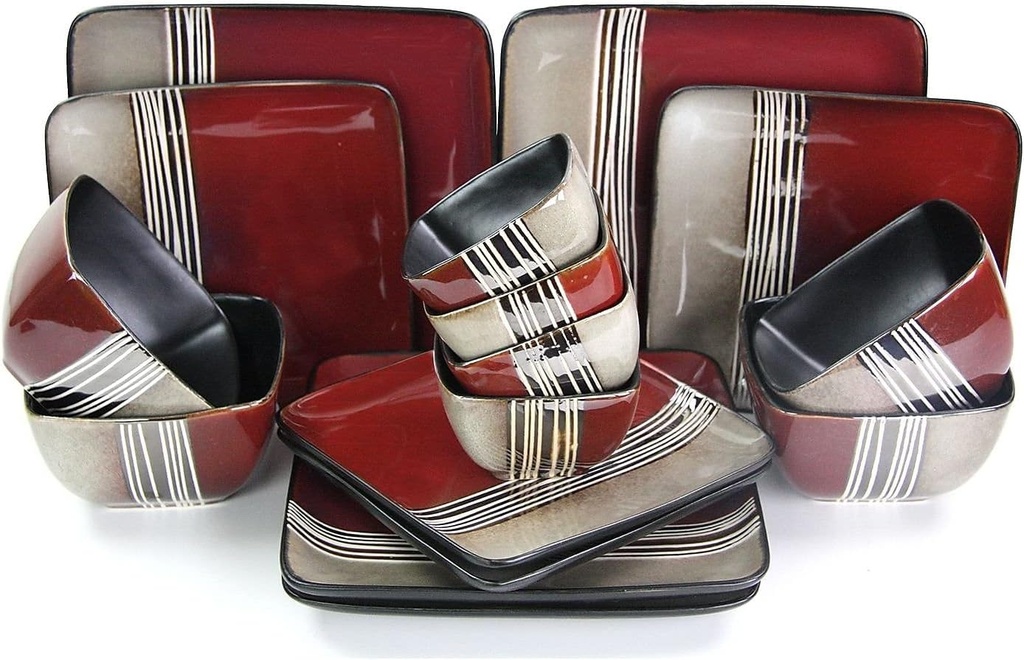Elama 16 Piece Double Bowl Stoneware Dinnerware Set with Service for 4, Downtown Loft