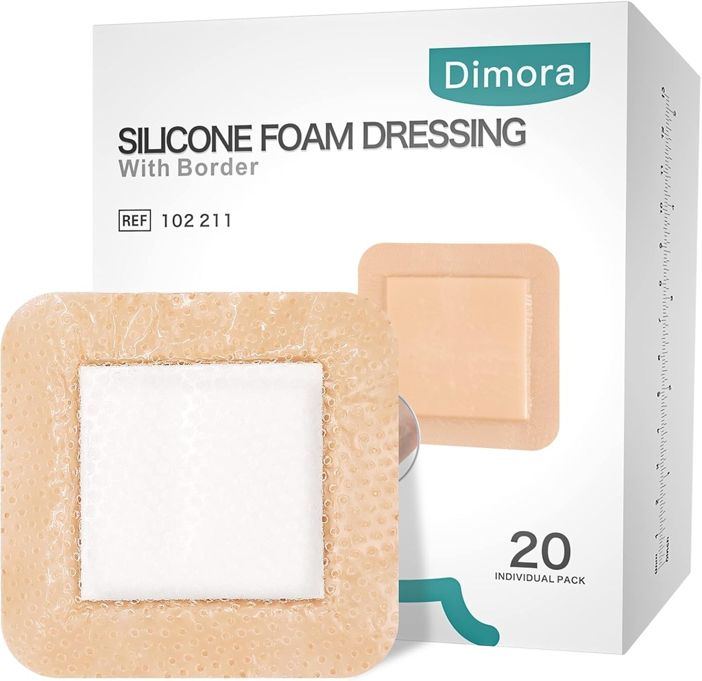 Dimora Silicone Foam Dressing with Border 20 Pack Adhesive 4"x4" Waterproof Wound Dressing Bandage for Wound Care