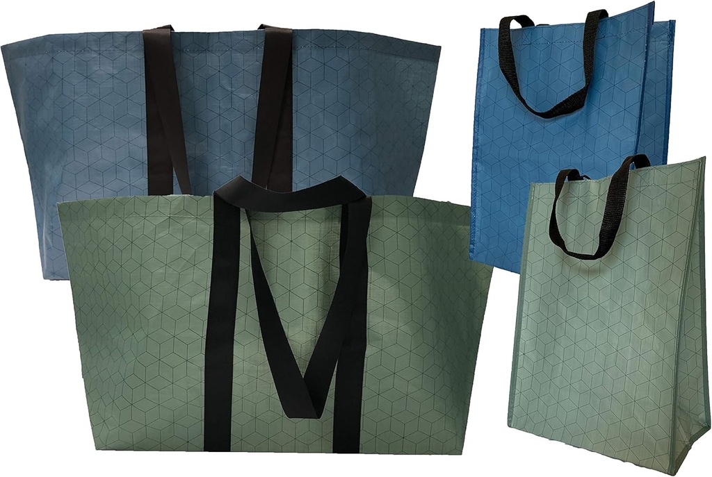 Standard and Extra Large HD Blue & Green Square Pattern 4 Pack Multi-Purpose Totes, 2 standard and 2 extra-large (74059)