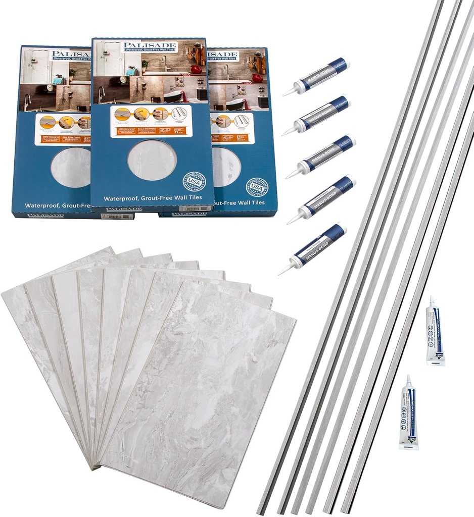 Palisade 25.6 in. x 14.8 in. Interlocking Vinyl Tile Shower and Tub Surround Kit in Iced Pewter