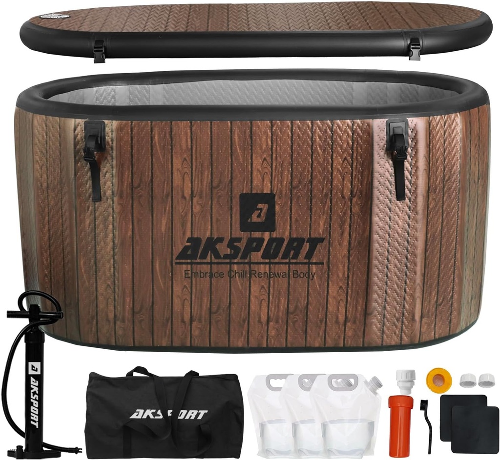 AKSPORT Ice Bath Tub for Athletes, 238 Gallons Inflatable Cold Plunge Tub Compatible with Water Chillers,Icebath for Recovery & Cold Water Therapy, Portable Bathtub for Indoor & Outdoor-Wood