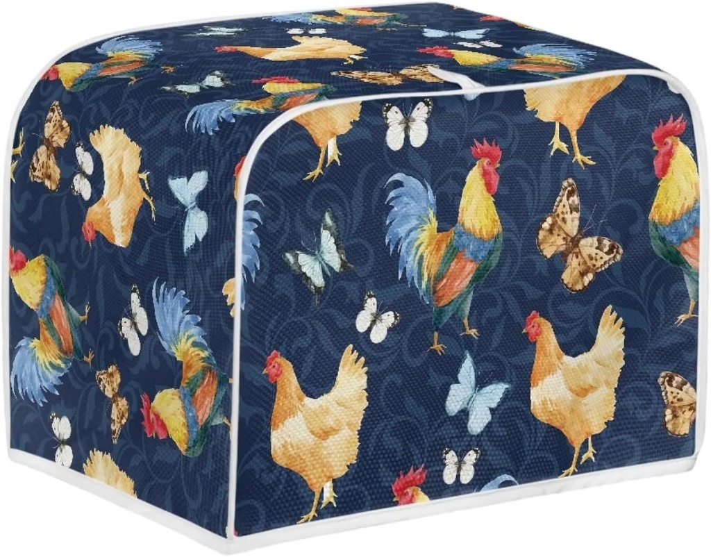 doginthehole 4 Slice Slot Toaster Cover Roosters Pattern Bread Toaster Oven Cloth Cover Four Slice Toaster Cover Bakeware Protector, Chickens Print