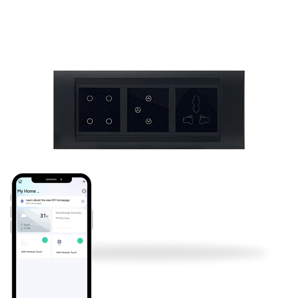 Aziot 6 Module Switch Board Plate Note 124; Smart 4 Touch, Fan Touch SW & Socket (Glas Finish) Note 124; WiFi + Babby;, Alexa & Siri (Black)