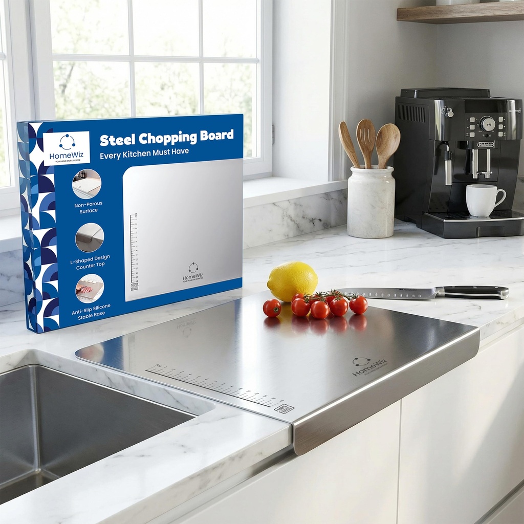 HomeWiz Large Steel Chopping Board for Kitchen - 100% Stainless Steel Cutting Board | Heavy Duty Chopping Board | Non-Porous Hygienic Surface for Vegetables, Meat & Fish, Rust-Resistant | 41 x 31 cm