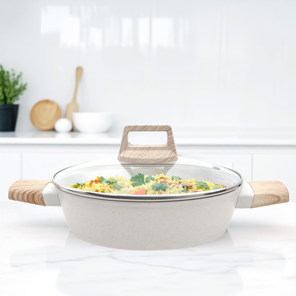 SOLARA Belmont Ceramic Non Stick Kadai med låg til madlavning, 2.2 Litre / 24Cm Non Stick Kadhai, støbt aluminium Body gryderet, Stew Pot, Biriyani Bowl, Gas & Induction Kompatibel, Elfenben