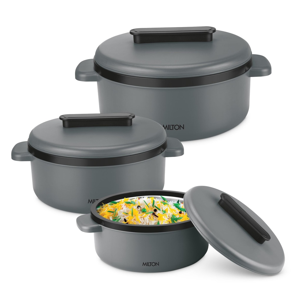 Milton Mikronova Jr. Gavesæt Indre rustfrit stål gryderet, Sæt af 3 (380 ml, 775 ml, 1345 ml), Grey, BPA Free, Food Grade, Hot and Cold, Mikrowaverable Steel, Opvaskemaskine Safe, Chapati, Roti