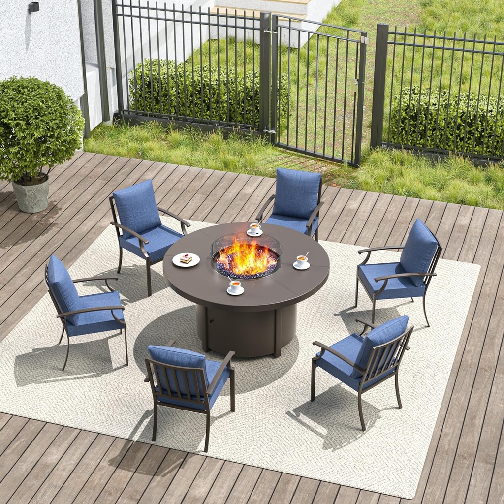 7 Pieces Patio Furniture Set with Round Fire Pit Table, Outdoor Conversation Sets 6 Chairs with Upgrade Cushions for Patio, Backyard Dark Blue