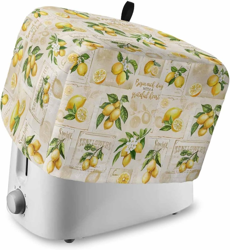 Summer Lemons Toaster Cover 2 Slice, Retro Farmhouse Botanical Fruit Leaves Dustproof Bread Machine Oven Cover with Storage Pockets, Fits Most Kitchen Toasters Protector