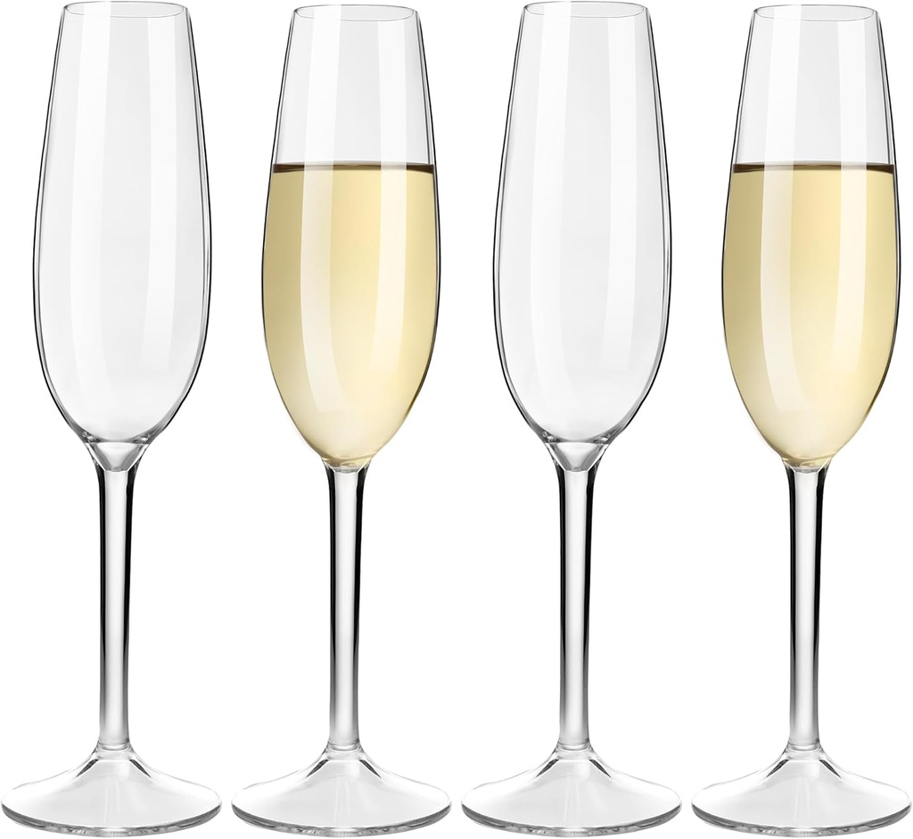 Elegant Tritan-Plastic Champagne Flutes with Long Stem Set of 4-7.6 oz - Plastic Toasting Glasses Ideal for Weddings, Parties, Birthday, Engagements