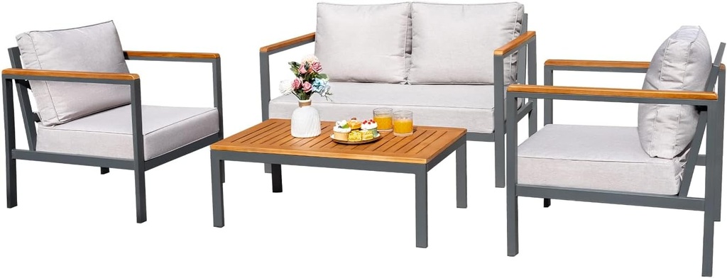 Greesum 4 Piece Furniture Patio Lounge Conversation Set Solid Wood Armrest & Table Top Anti-Drop Thick Waterproof Cushion, OneSize, Light Beige