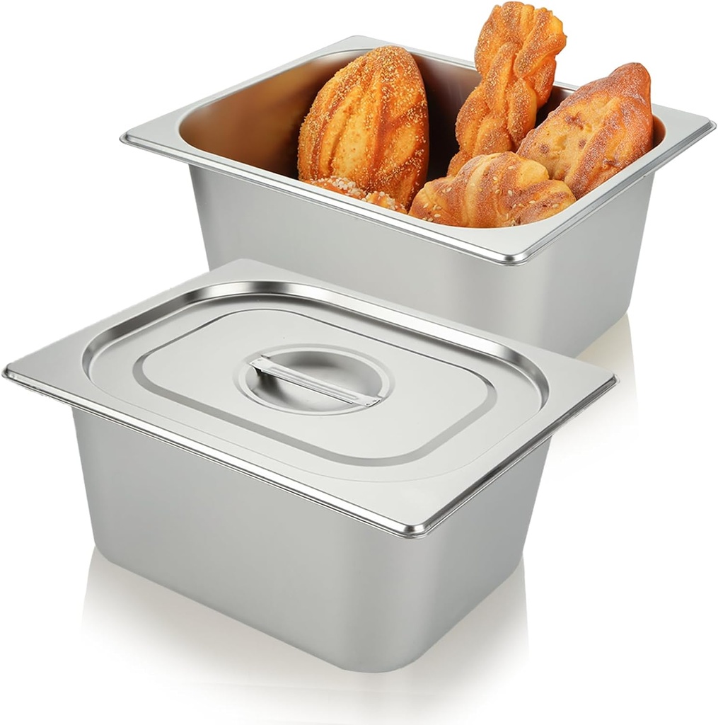 LANIAKEA 2PCS 1/2 Half Size Stainless Steel Hotel Pan with Lid, 6" Deep Restaurant Steam Table Pans Anti Jam Steam Pan Hotel Pan Trays for Food, Home, Party, Restaurant, Hotel, Buffet