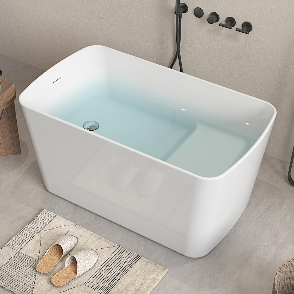 Acrylic Freestanding Bathtub - 49 Inch Square Japanese Soaking Tub with Seat, Chrome Pop-Up Drain, Overflow - cUPC Certified, Glossy White