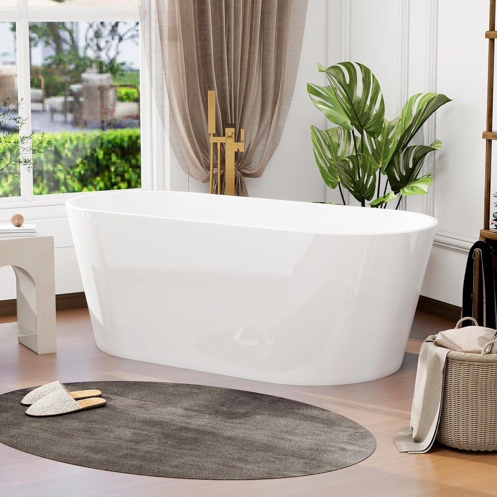 59" Acrylic Freestanding Bathtub, Glossy White Soaking Bathtub, Stand Alone Tub, Oval Bathtub with Chrome Overflow and Drain, Contemporary Free Standing Tub for Bathroom