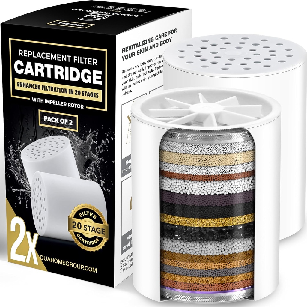 AquaHomeGroup 20-Stage Premium Shower Filter Replacement Cartridge with Spin Propeller 2-Pack (No Housing) - Water Filter Refill Compatible with Any Shower Filter of Similar Design 15 and 20 Stages