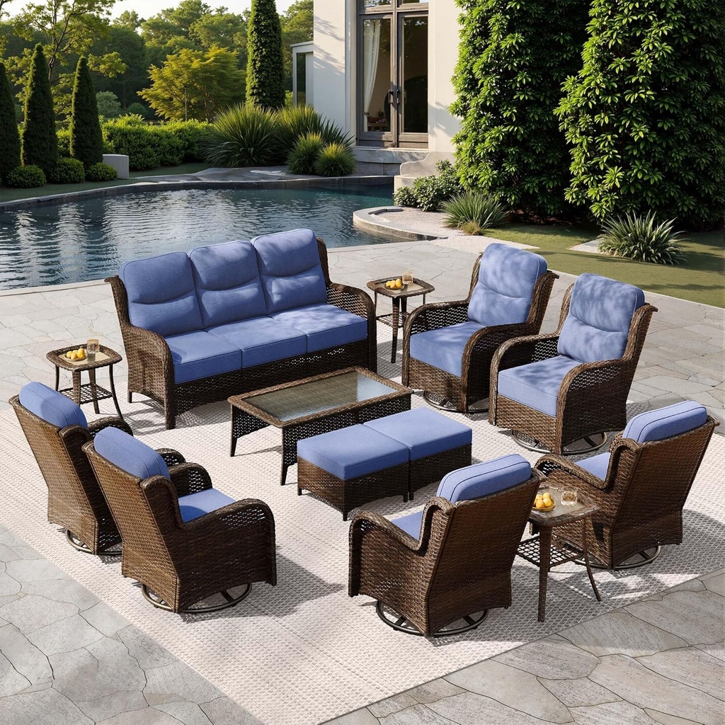 HILLGA Luxury Patio Furniture Set with 6-Inch Thick Cushions, High Back Outdoor Swivel Rocker Chairs and Patio Couch, 13-Piece All Weather Conversation Set for Porch Deck Pool Yard, Blue (V3)