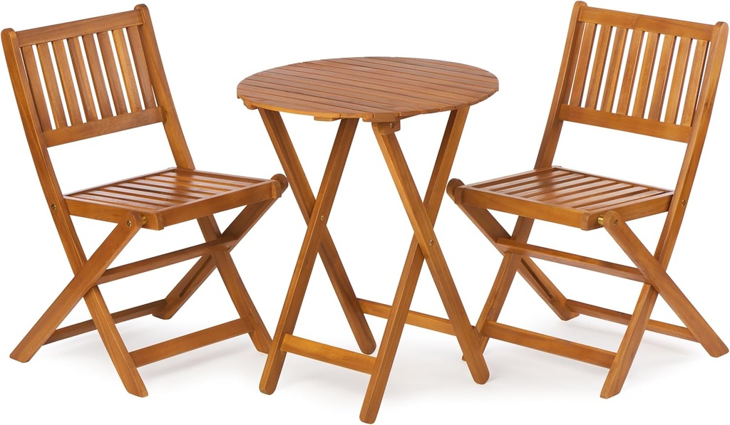 Mederlo 3-Piece Acacia Wood Bistro Set, Wooden Folding Patio Furniture for Garden Backyard Balcony Porch w/ 1 Coffee Table and 2 Foldable Chairs