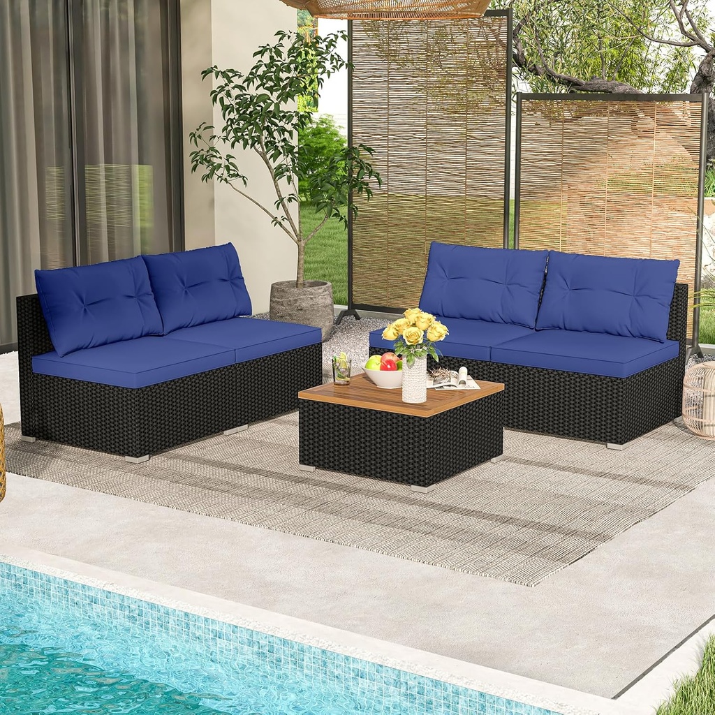5 Pieces Patio Furniture Set, Outdoor Sectional Sofa with Acacia Wood Coffee Table & Cushions, Wicker Patio Conversation Set for Porch, Deck, Balcony, Poolside & Backyard (Navy Blue)