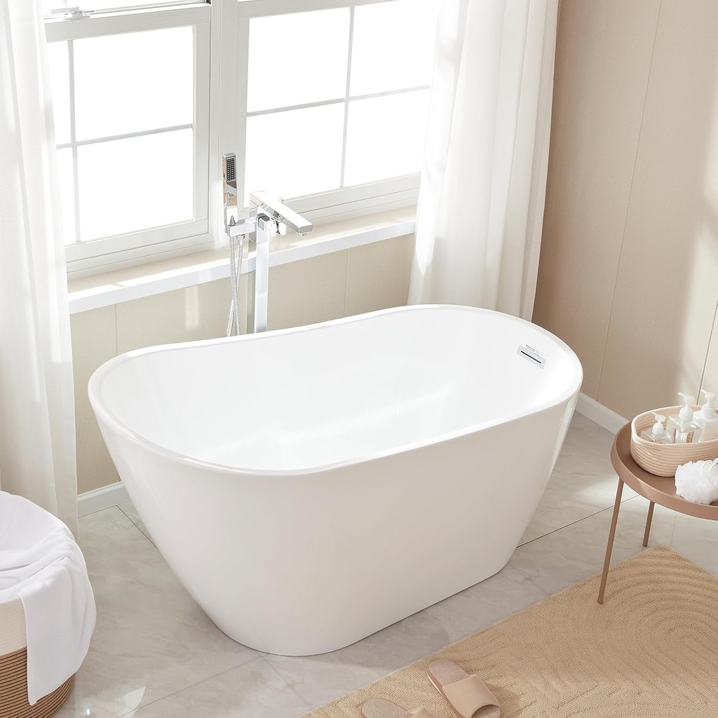 Vanity Art 55" Free Standing Tub Non-Slip Contemporary Design Freestanding Bathtub Soaking Tub with Overflow and Pop-up Drain, UPC Certified