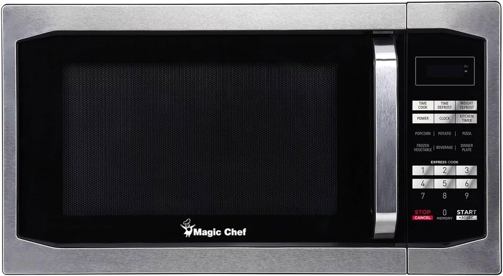 Magic Chef 1.6 Cu. Ft. 1100W Countertop Microwave Oven with Stylish Door Handle in Stainless Steel, Small Microwave with Timer, Child Safety Lock, Defrost, Express Cooking and Memory Function