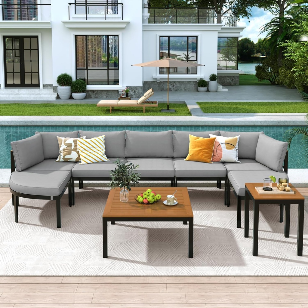 Merax Modern Outdoor Sectional Sofa Set with Coffee Table & Multi-Purpose Ottoman, Patio Seating Group, Iron Frame Outdoor Conversation Set with Cushions for Patio, Backyard, Garden, Grey