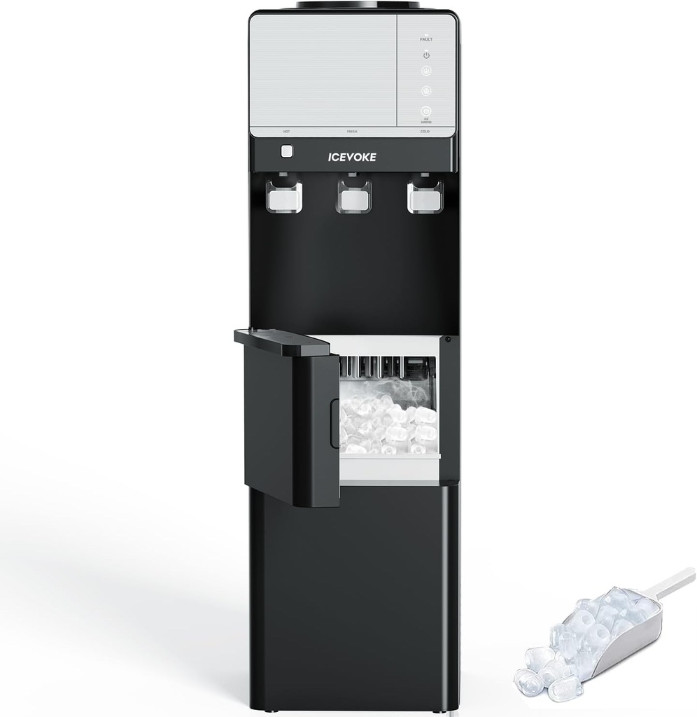 3-in-1 Top-Loading Water Dispenser with Ice Maker, Hot and Cold Water Cooler for 3 or 5 Gallon Bottle, Includes Child Safety Lock & Nightlight, Water and Ice Dispenser for Home, Office, Black