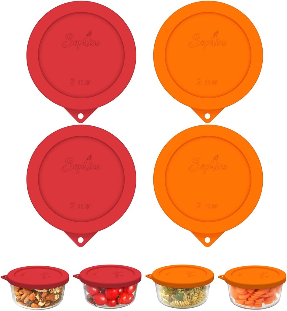 Sophico 2 Cup Round Silicone Storage Cover Lids Replacement for Anchor Hocking and Pyrex 7200-PC Glass Bowls (Container not Included) | Red-Orange | 4 Pack