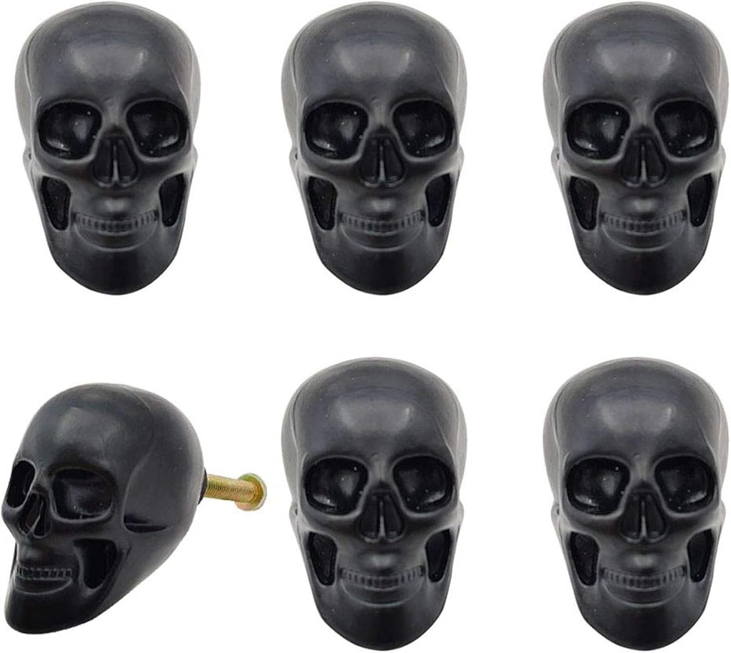 JfwuHap 6Pcs Cabinet Handles, Skull Head Cabinet Pulls, Drawer Handles, Black Skeleton Drawer Knobs, Solid Metal Base Furniture Handle, Single Hole Pull for Home Cabinets Dressers Drawers Cupboard, A