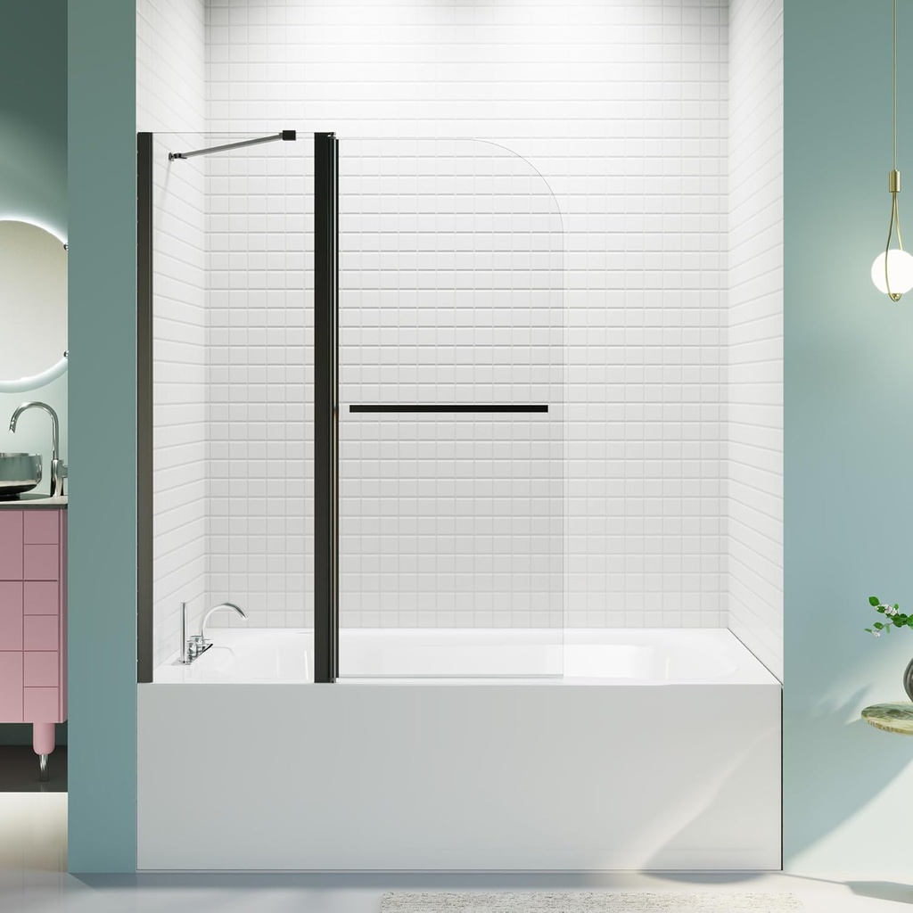 Frameless Folding Sliding Glass Bathtub Shower DoorsTempered Glass, Matte Black 43-48 in. W x 58 in. H for Bathtub Walk in Shower, Bathroom Enclosure Easy Install