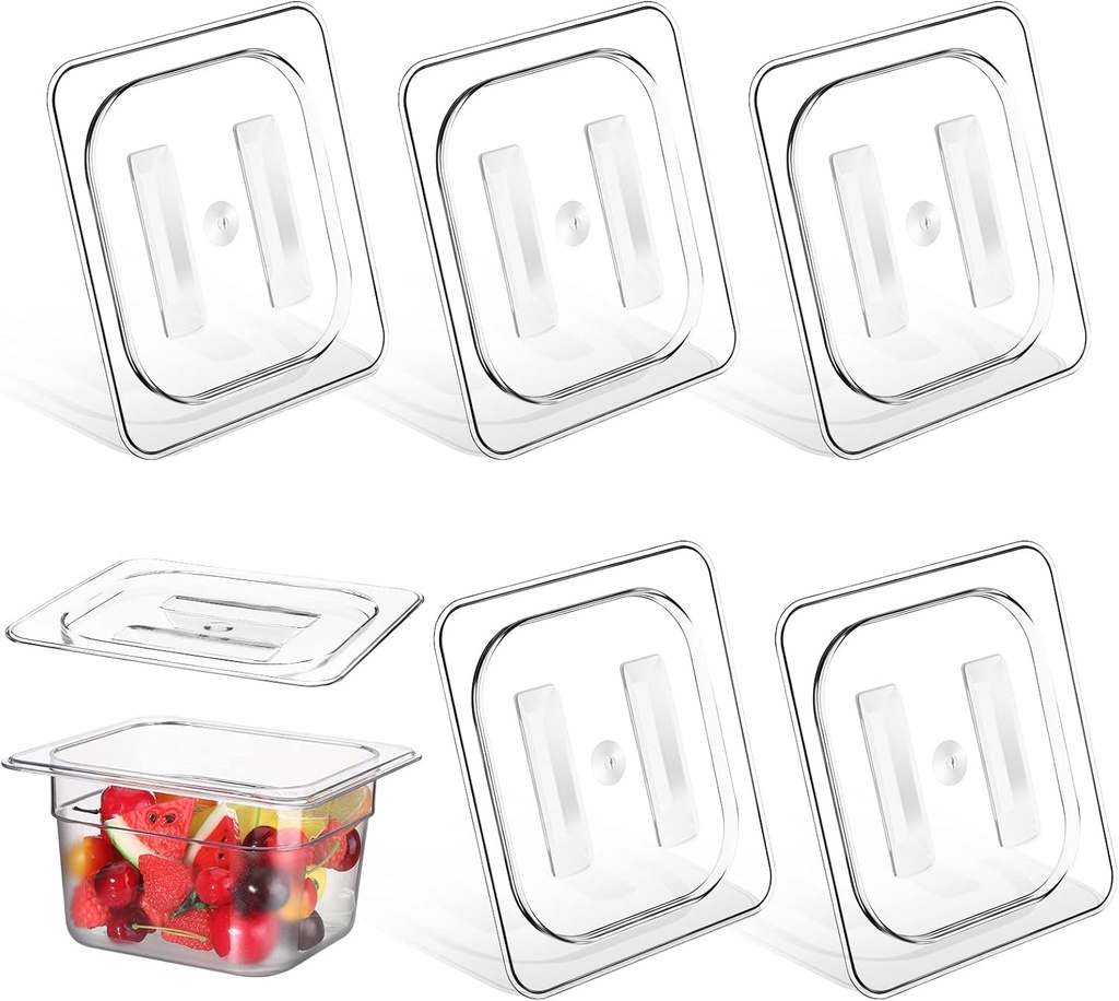 6 Pcs Polycarbonate Food Pan Lids with Handle, 1/6 1/2 Full Size Clear Hotel Pan Lid Plastic Hotel lids Cover for Restaurant Food Container and Storage(1/6 Size 6.9 x 6.3 Inch)