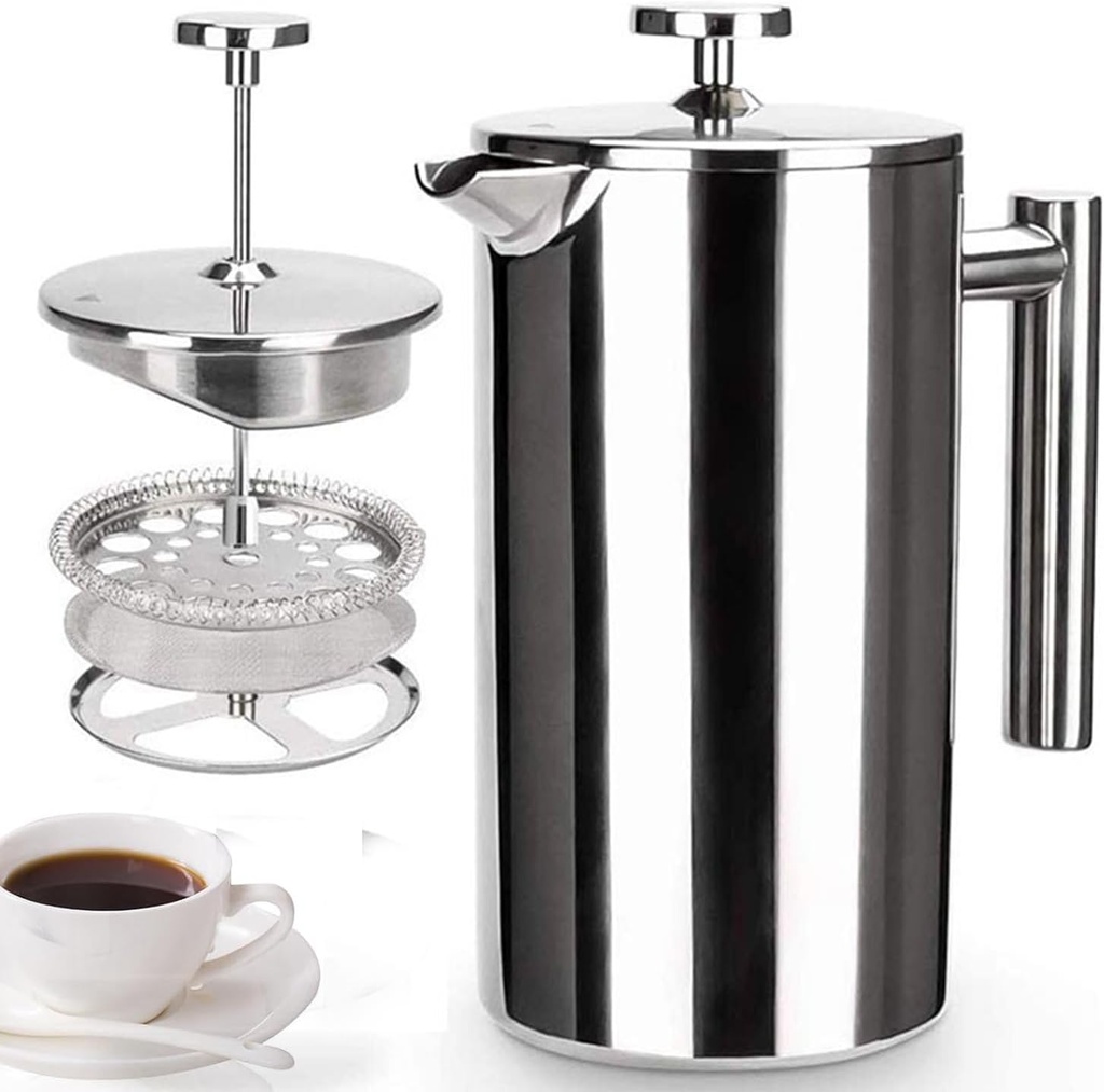 French Press Coffee Maker 3-Level Filtration Double-Walled 6MM Vacuum Insulated Keep Hot 2 Hours for Travel 32oz Polished Stainless Steel