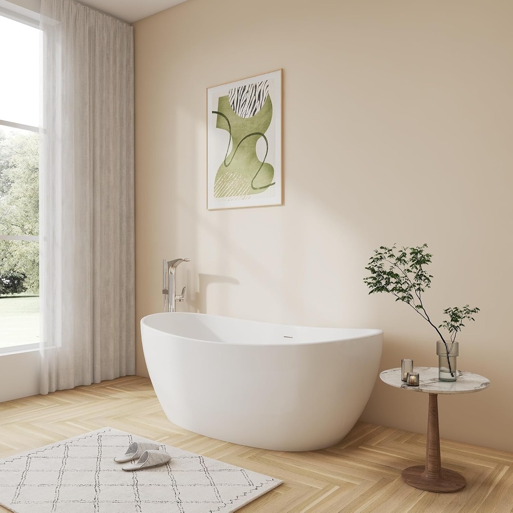 60" Upgraded Contemporary Oval Freestanding Bathtubs, Premium White Stand Alone Soaking Tub with CUPC Drain