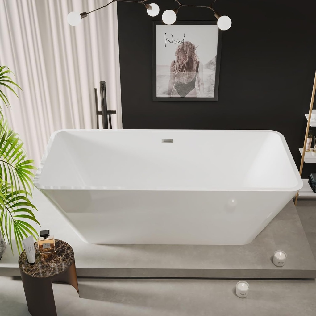 59" Freestanding Acrylic Soaking Tub, Large Bathtub, Contemporary Stand-Alone Bathroom Tub with Non-Slip Surface, Overflow and Drain Included, Deep Bathtub for Home Spa