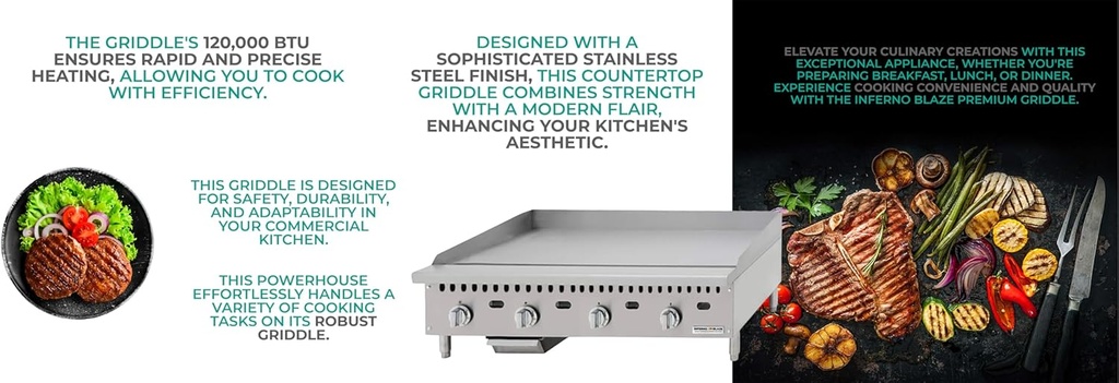 Inferno Blaze Premium IBP-CTG-48 48" Gas Countertop Griddle with Manual Controls 120,000 BTU, Silver - ETL Certified, Stainless Steel Flat Top Griddle - Perfect for Commercial Kitchens