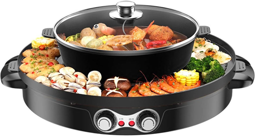 2 in 1 Barbecue Grill Pot Electric Shabu Shabu Smokeless Hot Pot Grill for Simmer Boil Fry Grill