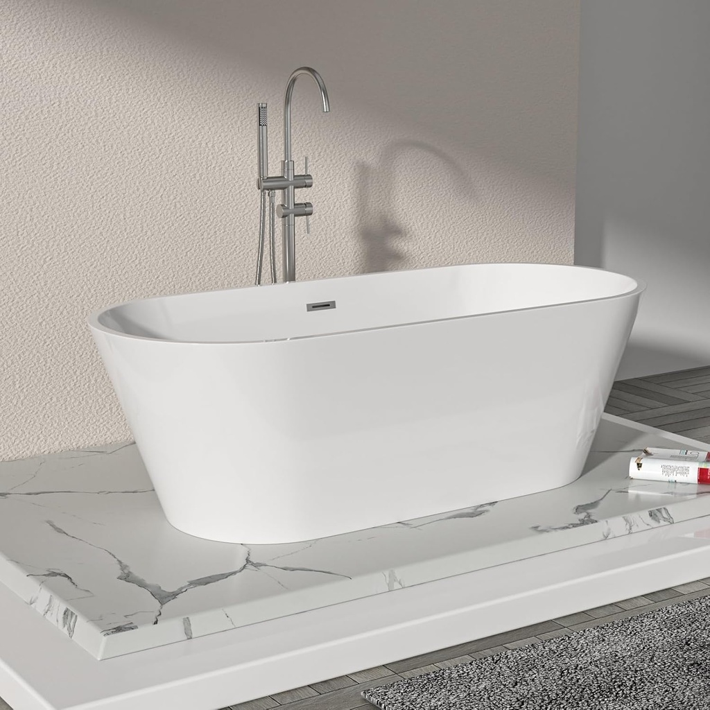 Logmey 63" White Acrylic Freestanding Bathtub Oval Shape Soaking Tub with Chrome Drain & Overflow Assembly for Classic and Modern Bathrooms